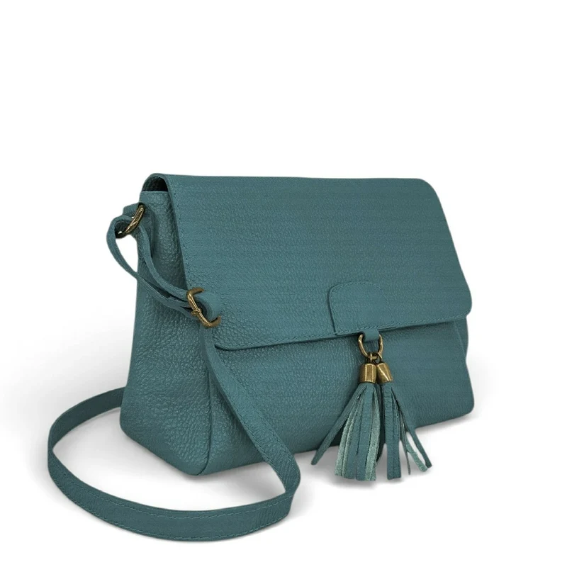 Sac bandoulière en cuir grainé SAIGON Bleu vert canard