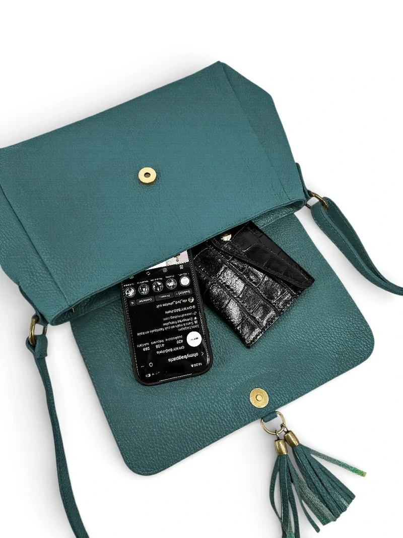 Sac bandoulière en cuir grainé SAIGON Bleu vert canard