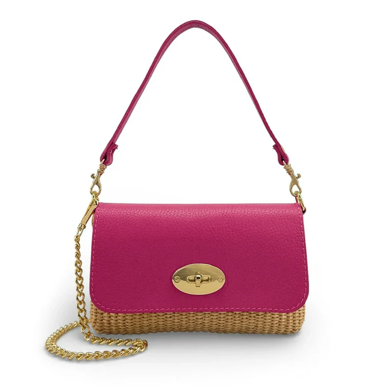 Mini sac en cuir grainé et Raphia BAHIA Rose fuchsia