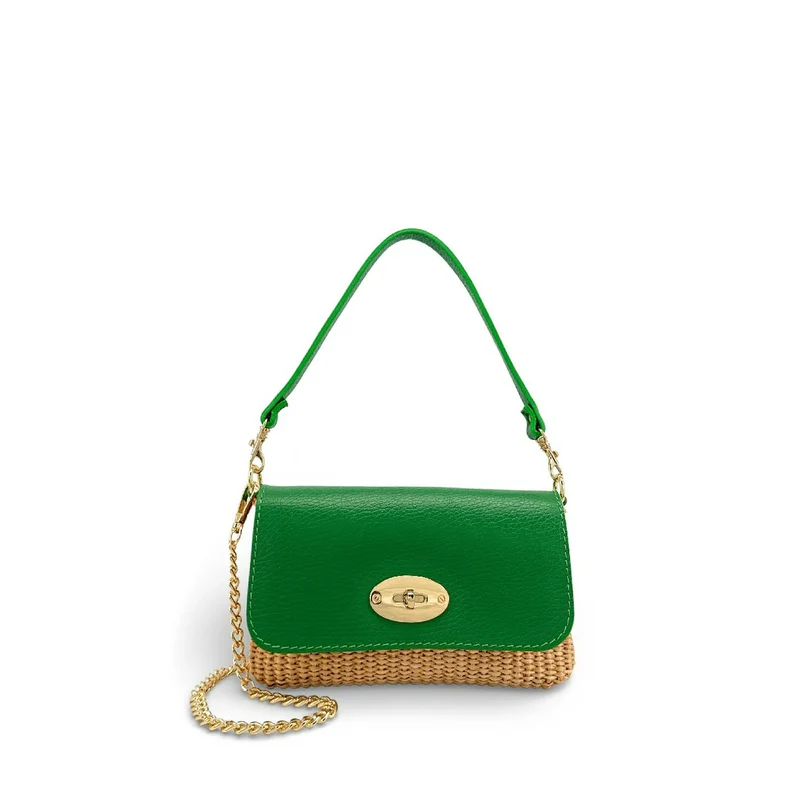 Mini sac en cuir grainé et Raphia BAHIA Vert anglais