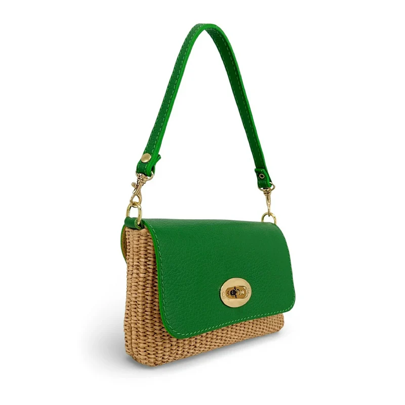 Mini sac en cuir grainé et Raphia BAHIA Vert anglais