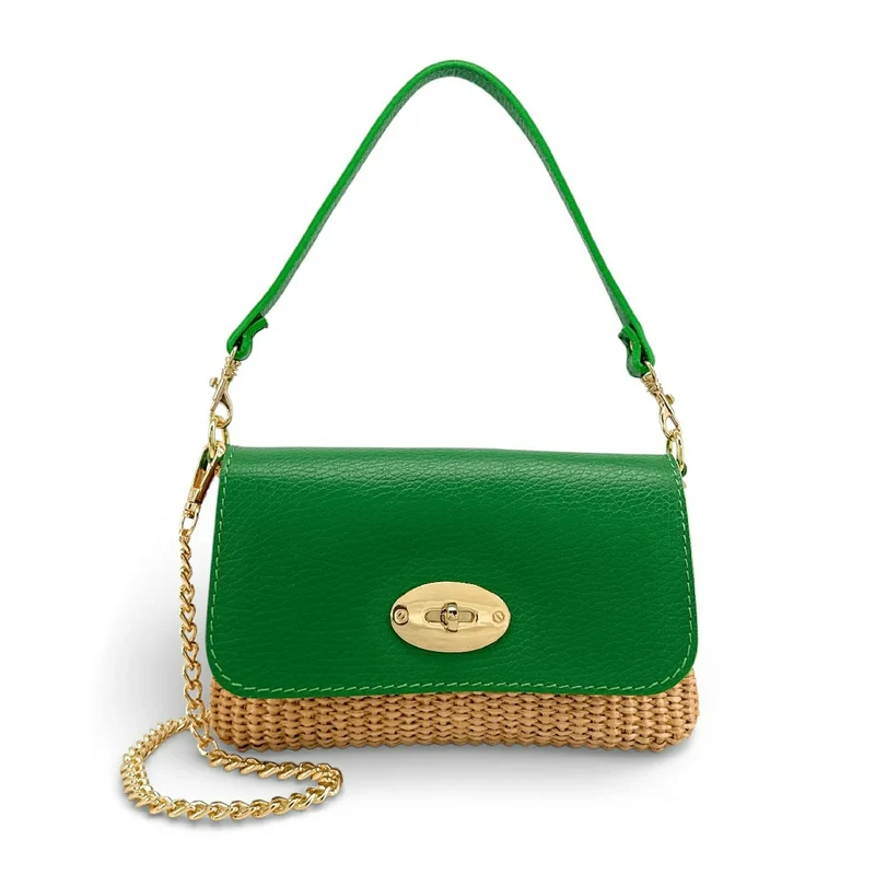 Mini sac en cuir grainé et Raphia BAHIA Vert anglais