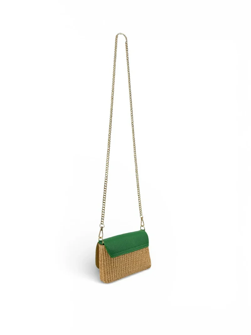 Mini sac en cuir grainé et Raphia BAHIA Vert anglais