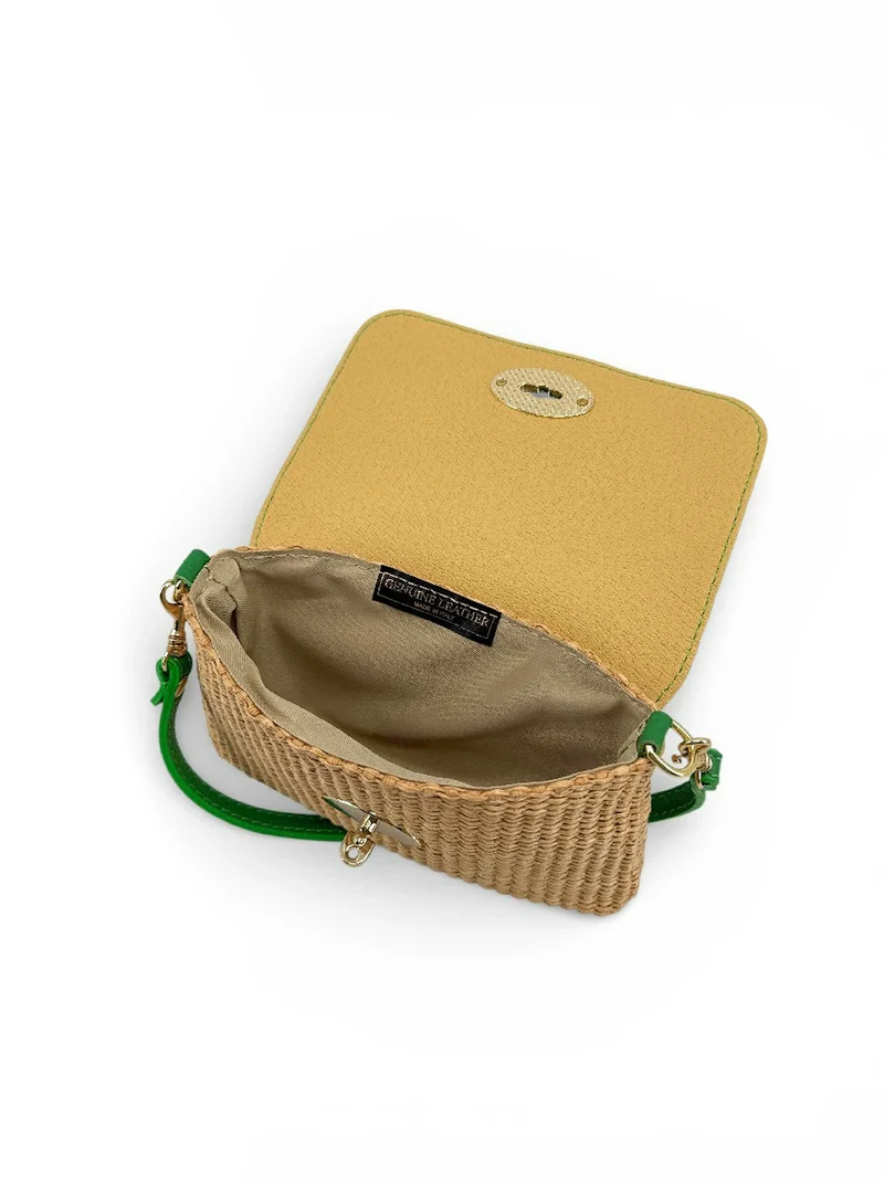 Mini sac en cuir grainé et Raphia BAHIA Vert anglais