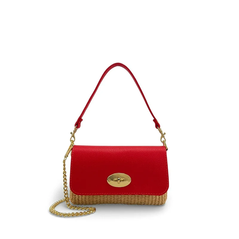 Mini sac en cuir grainé et Raphia BAHIA Rouge garance