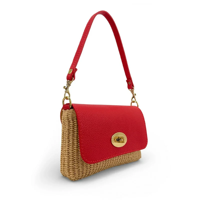 Mini sac en cuir grainé et Raphia BAHIA Rouge garance