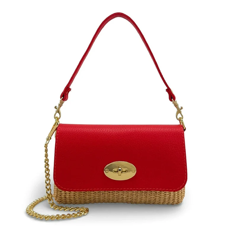 Mini sac en cuir grainé et Raphia BAHIA Rouge garance