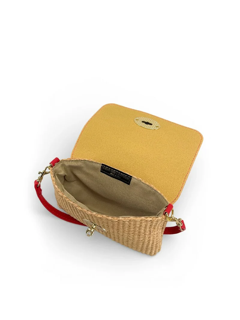 Mini sac en cuir grainé et Raphia BAHIA Rouge garance