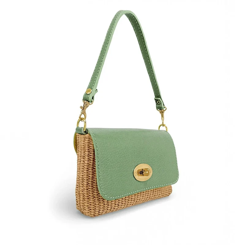 Mini sac en cuir grainé et Raphia BAHIA Matcha latte