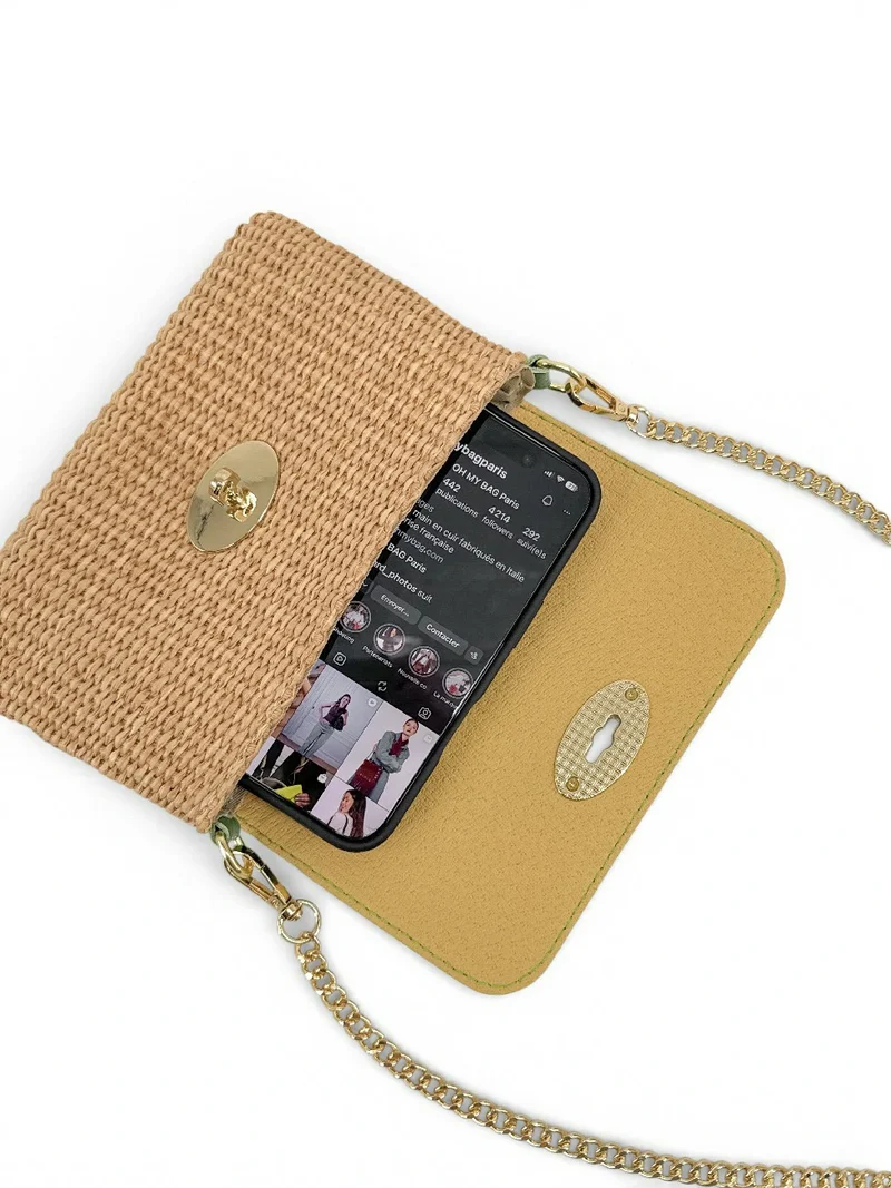 Mini sac en cuir grainé et Raphia BAHIA Matcha latte