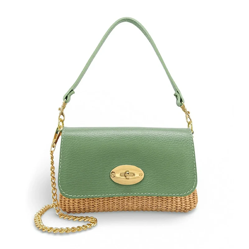 Mini sac en cuir grainé et Raphia BAHIA Matcha latte