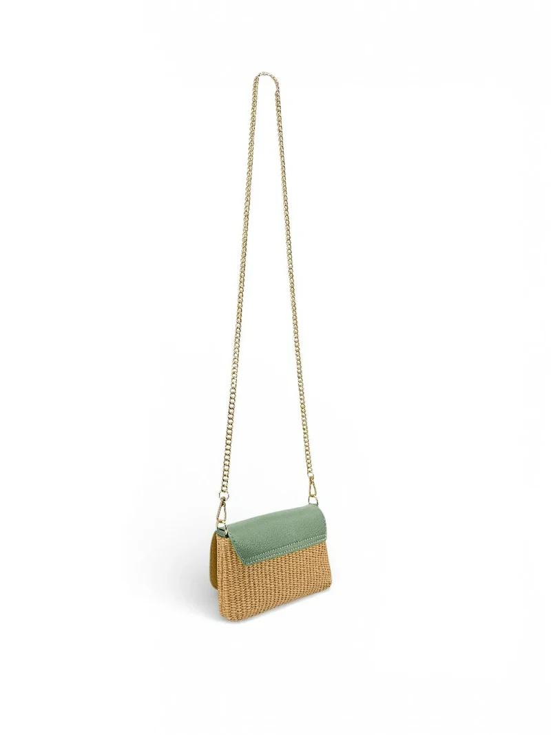 Mini sac en cuir grainé et Raphia BAHIA Matcha latte