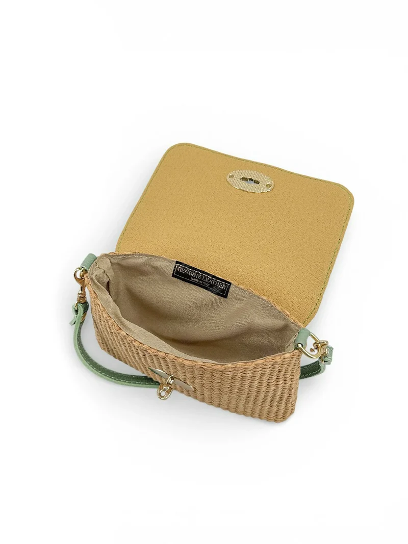 Mini sac en cuir grainé et Raphia BAHIA Matcha latte