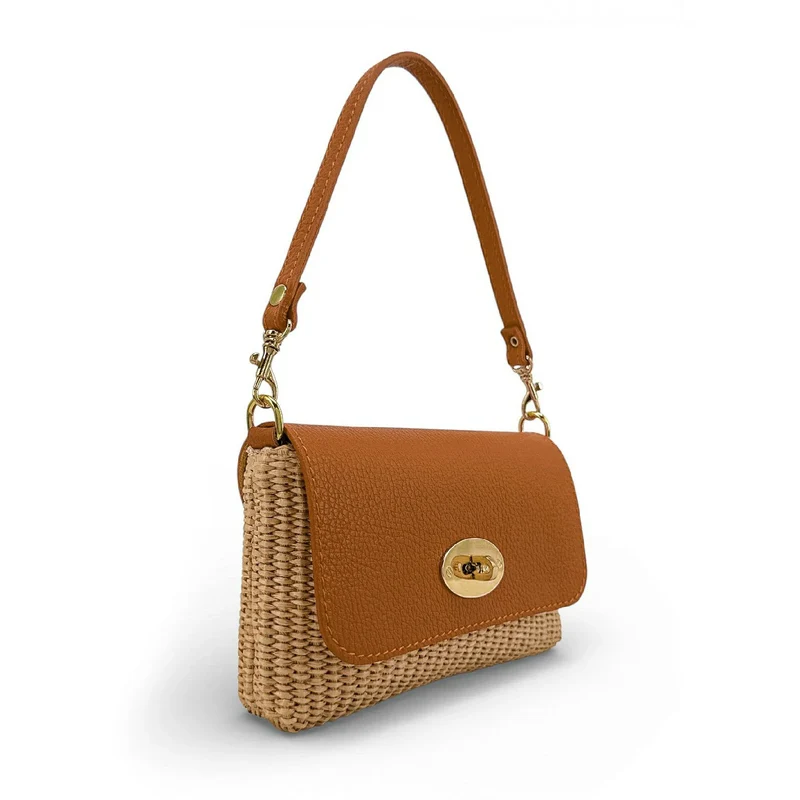 Mini sac en cuir grainé et Raphia BAHIA Camel foncé