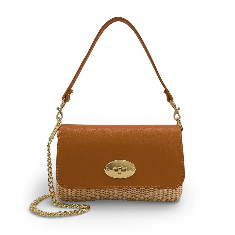 Mini sac en cuir grainé et Raphia BAHIA Camel foncé
