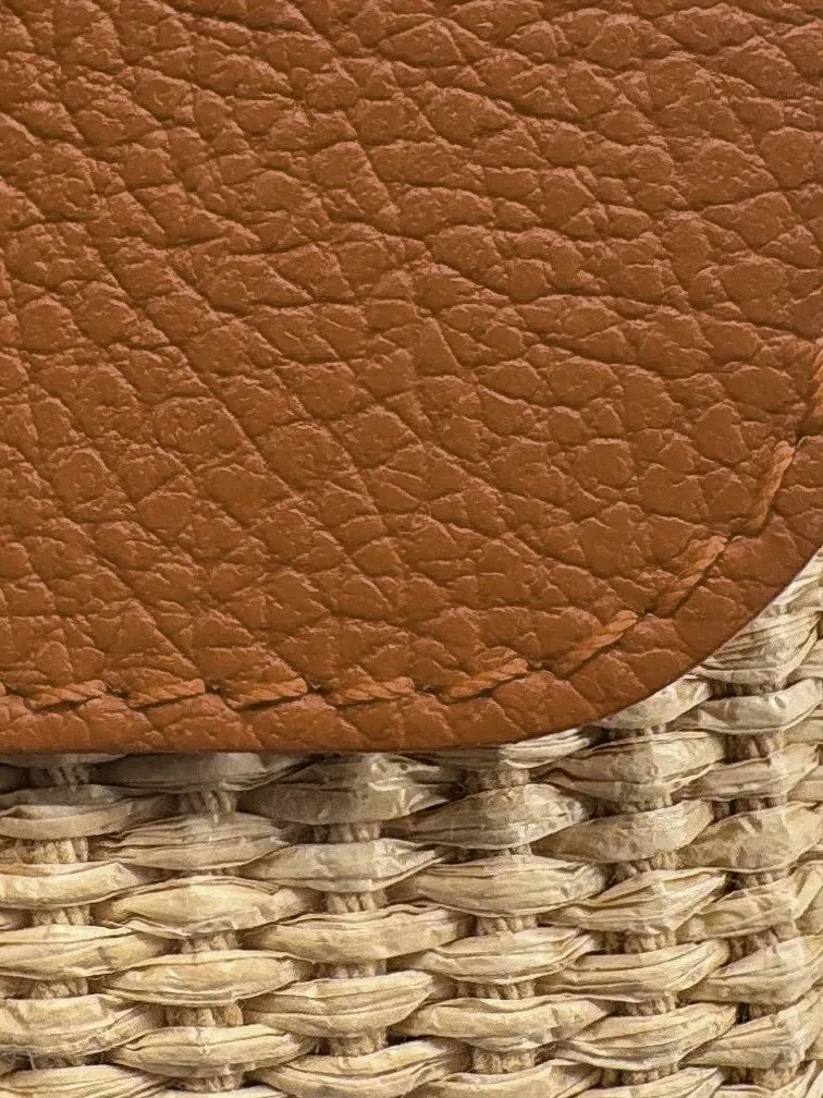 Mini sac en cuir grainé et Raphia BAHIA Camel foncé