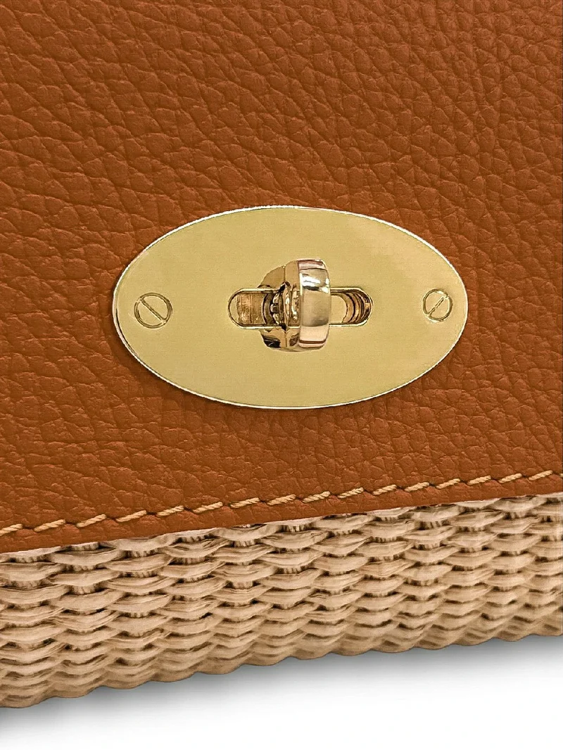 Mini sac en cuir grainé et Raphia BAHIA Camel foncé