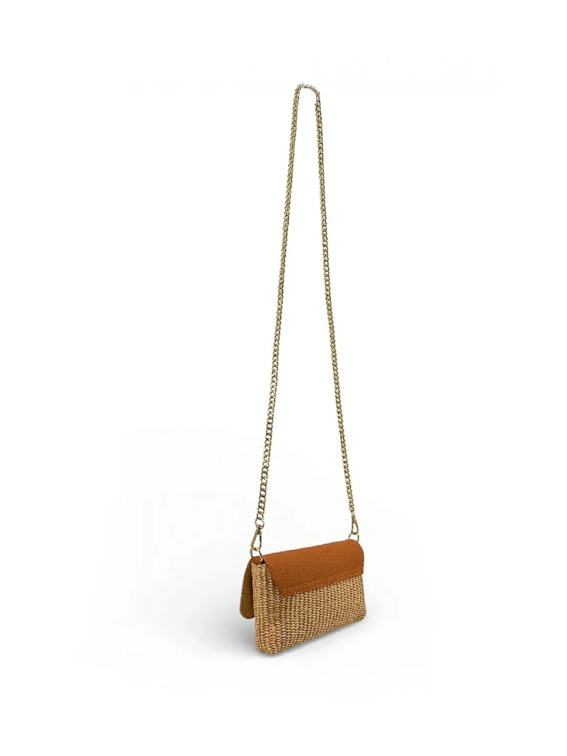 Mini sac en cuir grainé et Raphia BAHIA Camel foncé
