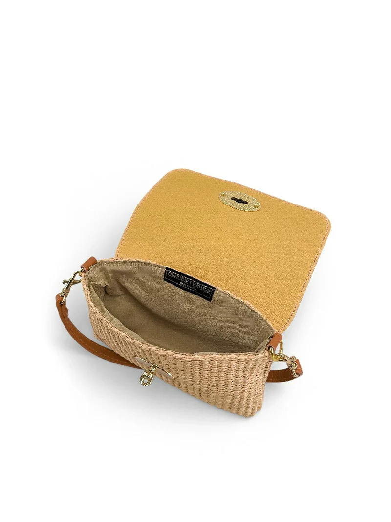 Mini sac en cuir grainé et Raphia BAHIA Camel foncé