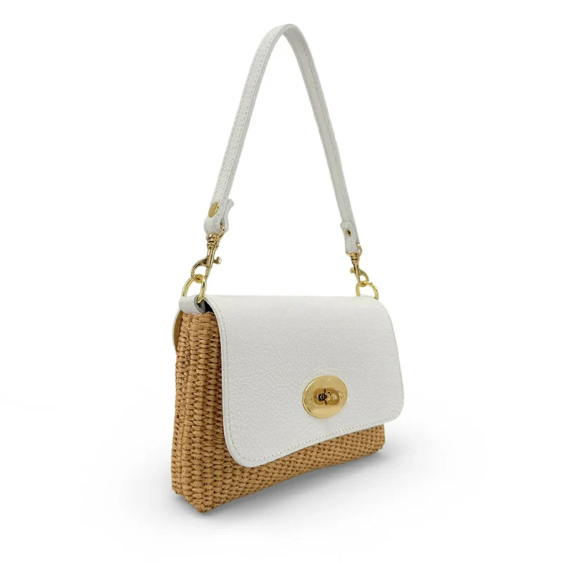 Mini sac en cuir grainé et Raphia BAHIA Blanc