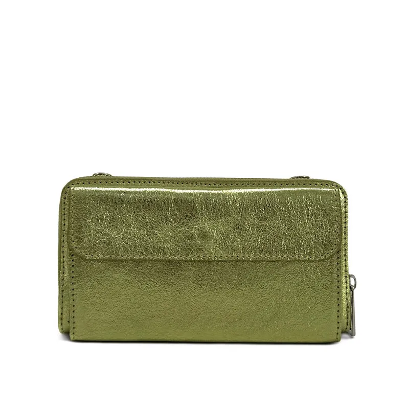 Sac portefeuille à bandoulière en cuir irisé CITY Vert Kaki