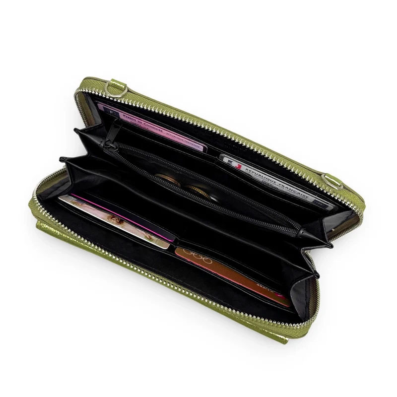 Sac portefeuille à bandoulière en cuir irisé CITY Vert Kaki