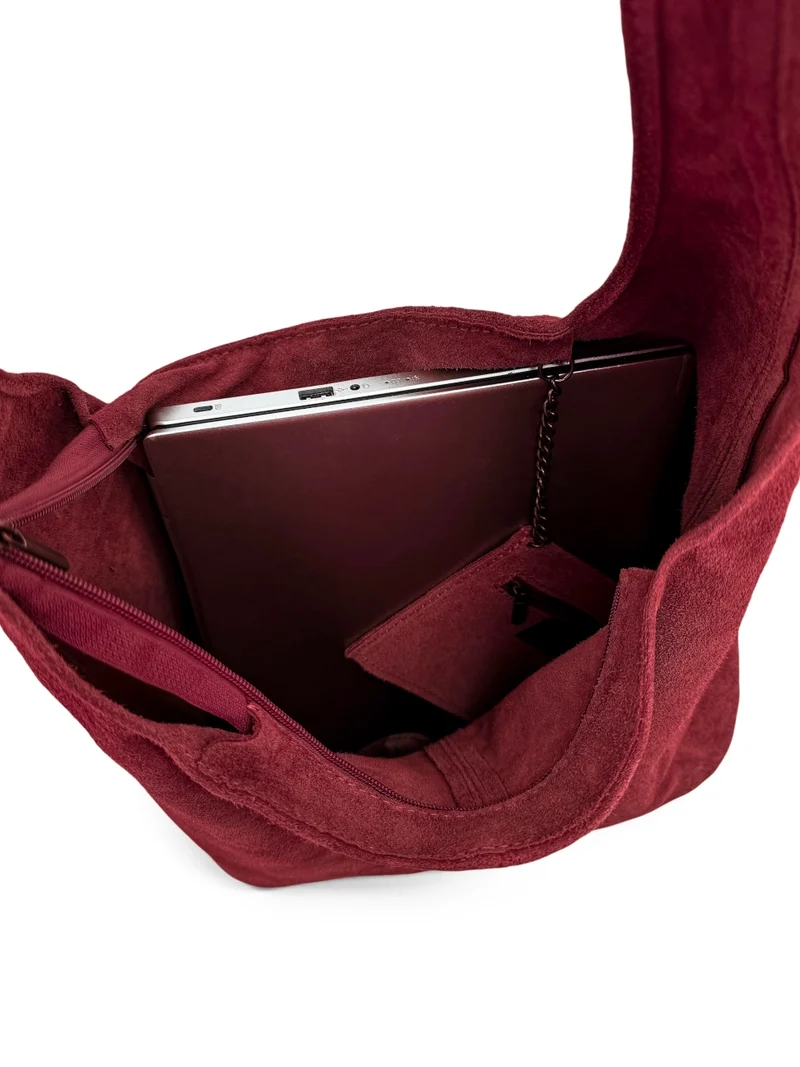 Sac à main de forme HOBO en daim EVA Rouge Bordeaux