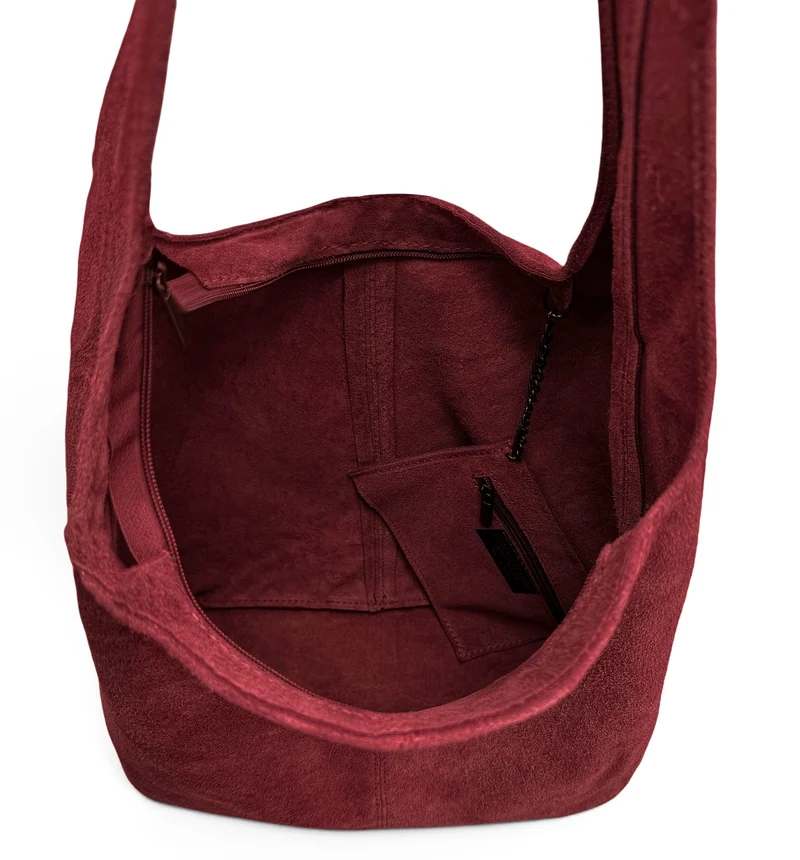 Sac à main de forme HOBO en daim EVA Rouge Bordeaux