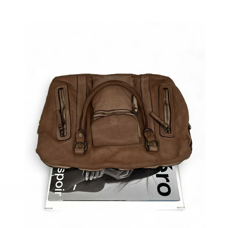 Sac porté épaule en cuir vintage MISS MY Taupe foncé