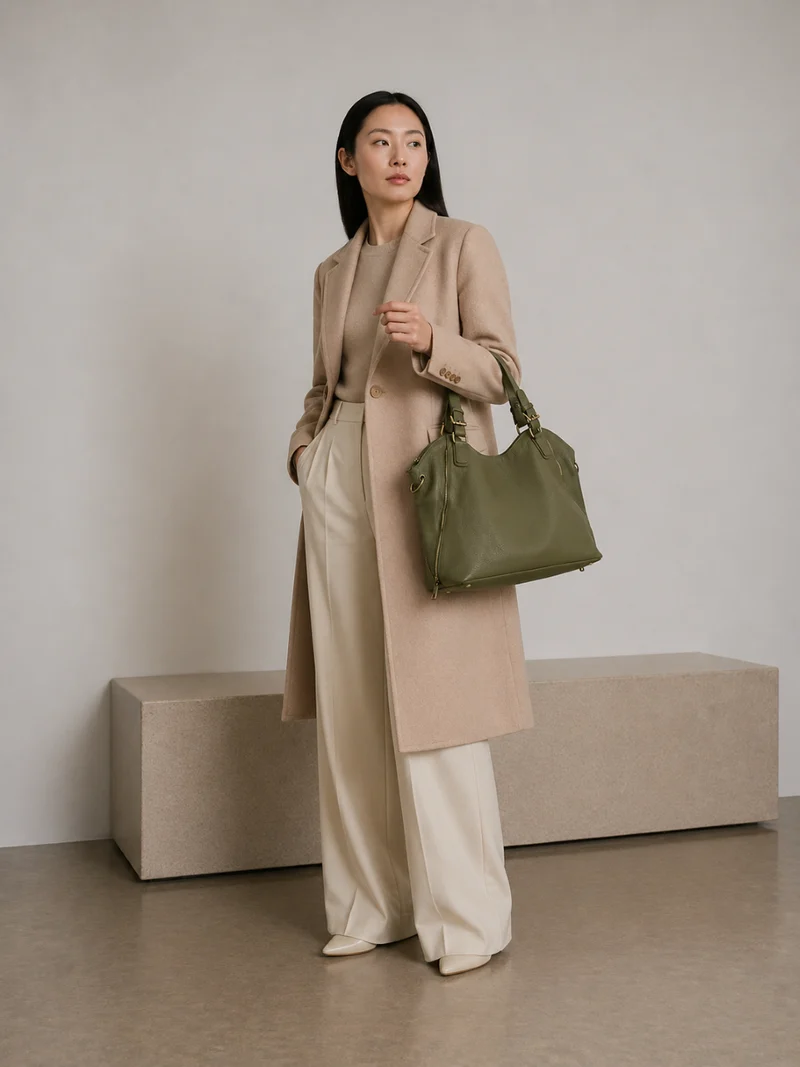 Sac porté épaule en cuir grainé CAMELIA Kaki