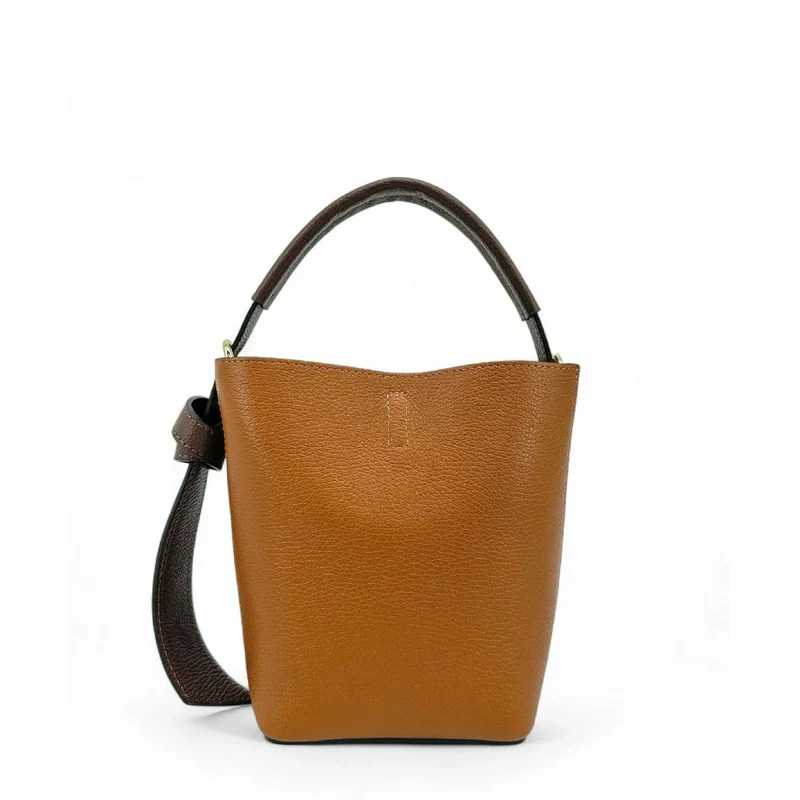 Sac seau et pochette en cuir grainé BIRDIE Camel foncé et Chocolat