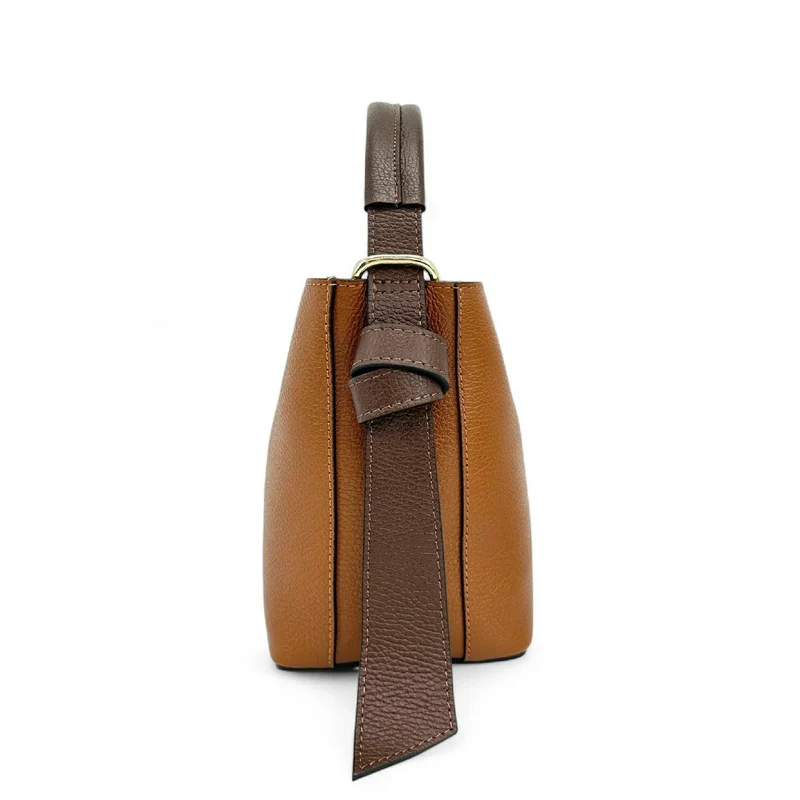 Sac seau et pochette en cuir grainé BIRDIE Camel foncé et Chocolat