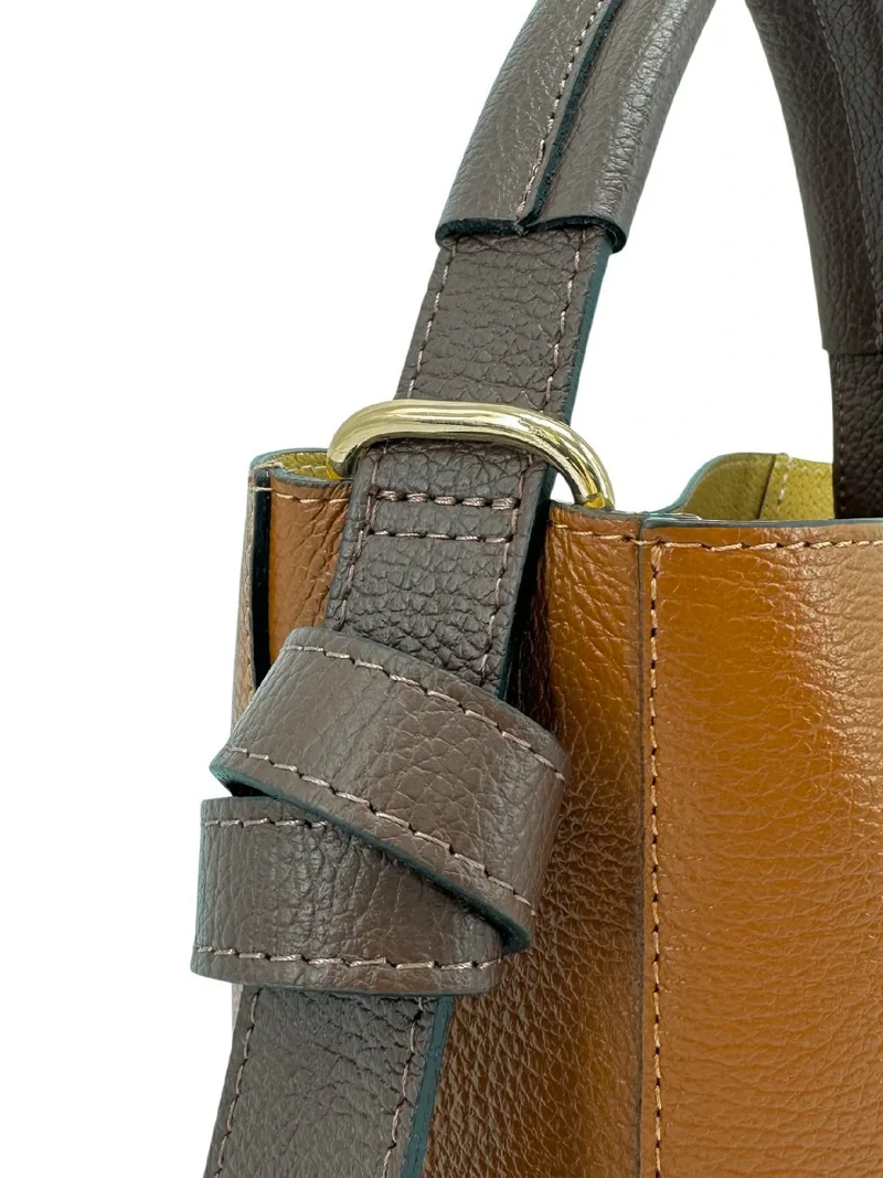 Sac seau et pochette en cuir grainé BIRDIE Camel foncé et Chocolat