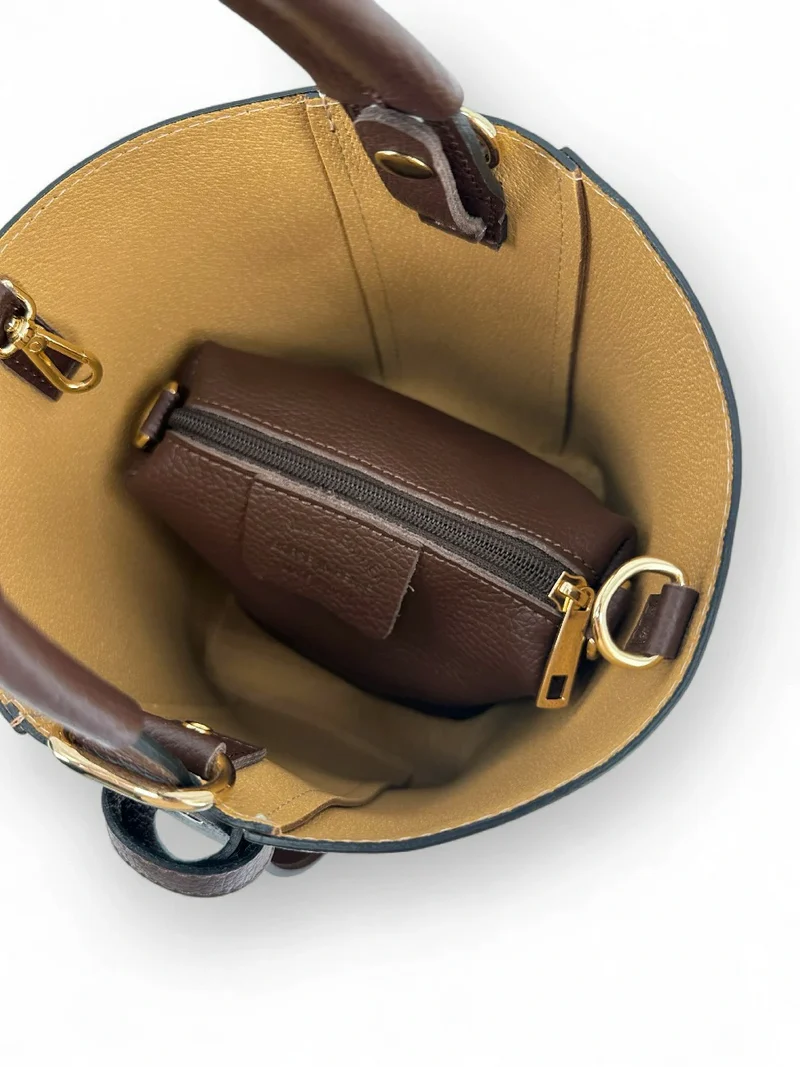 Sac seau et pochette en cuir grainé BIRDIE Camel foncé et Chocolat