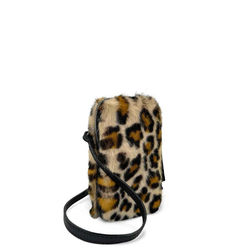 Sac pochette téléphone en cuir et poils synthétiques TABBY POCKET Léopard crème