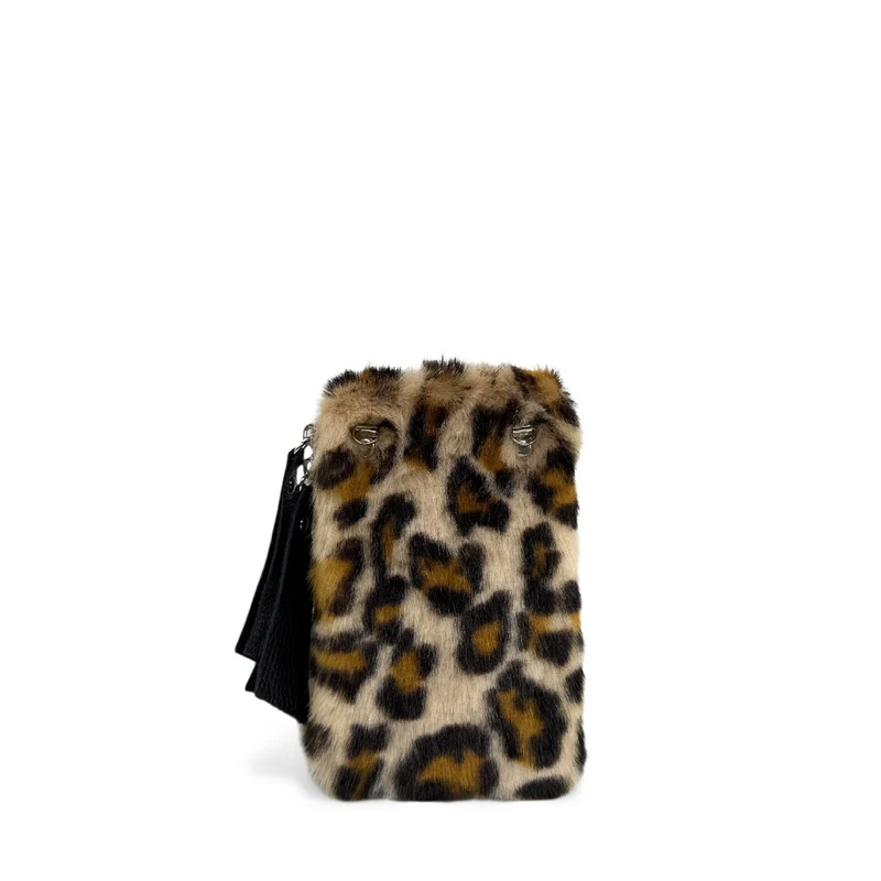 Sac pochette téléphone en cuir et poils synthétiques TABBY POCKET Léopard crème