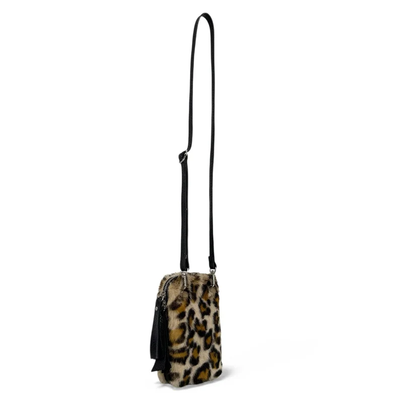 Sac pochette téléphone en cuir et poils synthétiques TABBY POCKET Léopard crème