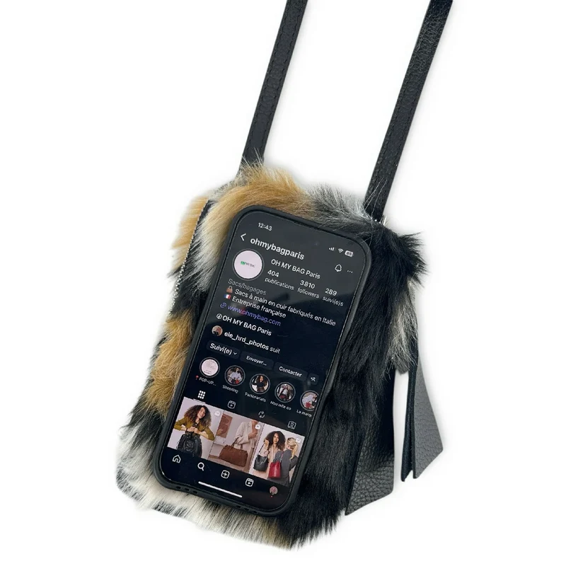 Sac pochette téléphone en cuir et poils synthétiques TABBY POCKET Tricolore