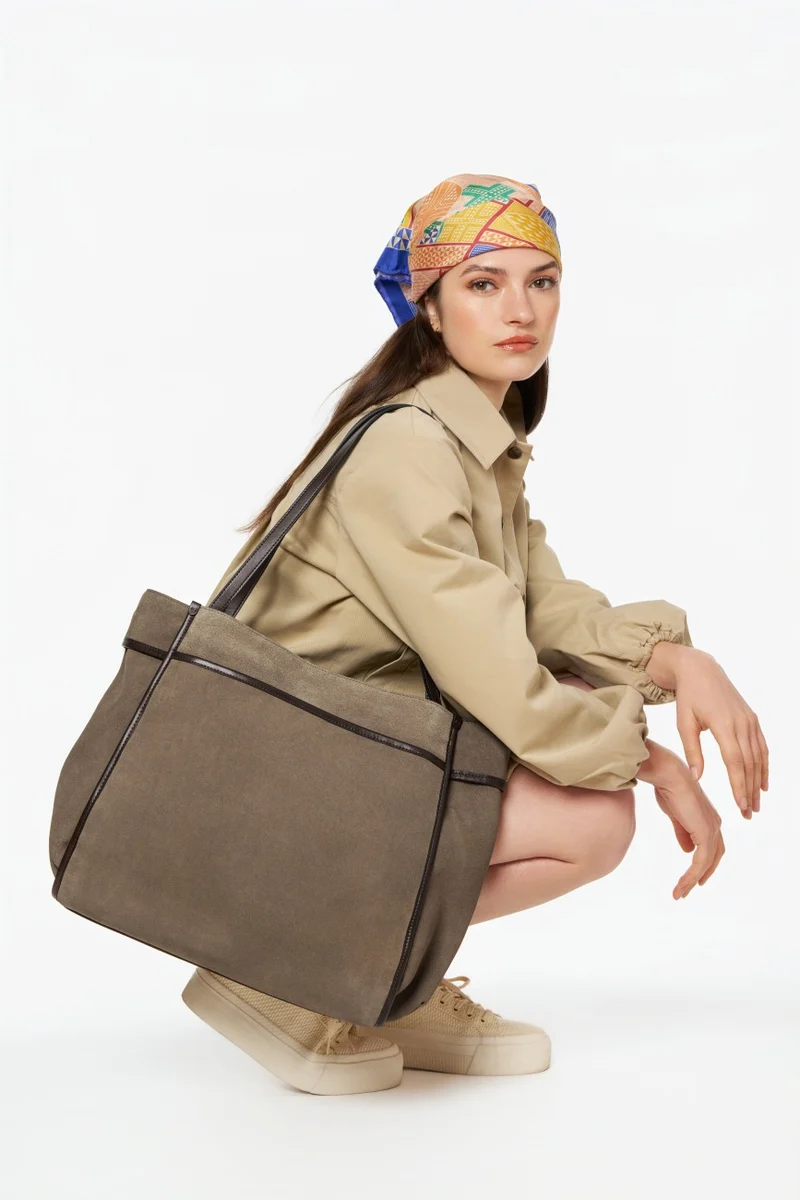 Grand sac cabas en daim et cuir lisse PURDAY Taupe foncé