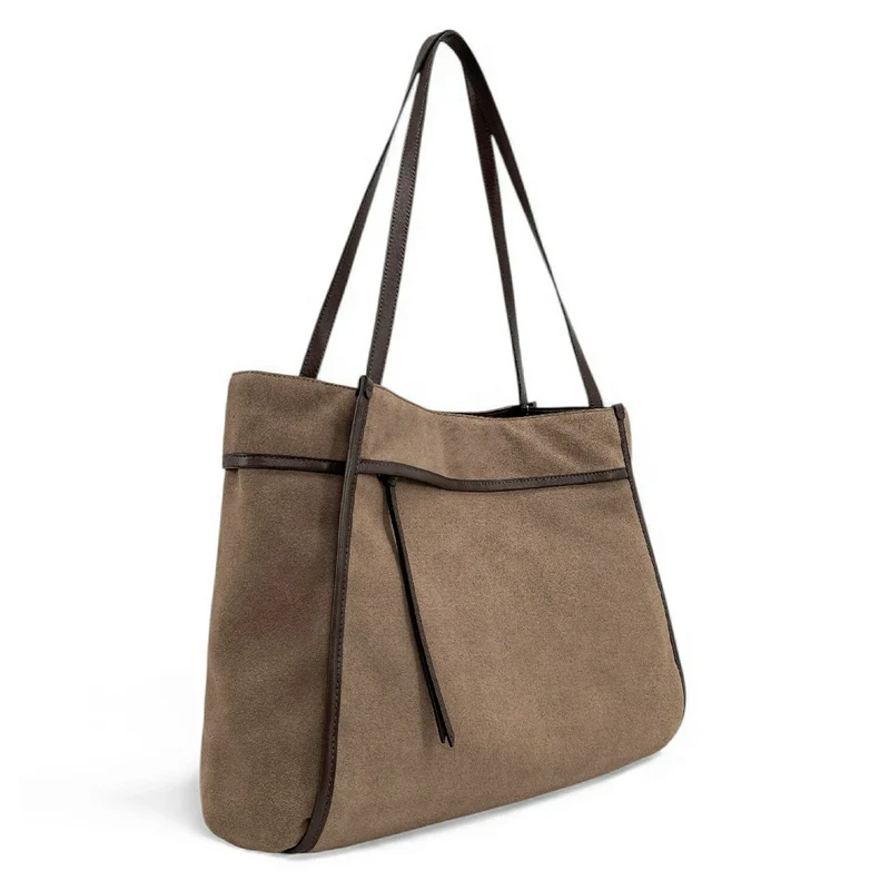 Grand sac cabas en daim et cuir lisse PURDAY Taupe foncé