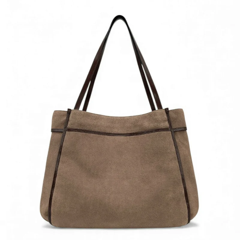 Grand sac cabas en daim et cuir lisse PURDAY Taupe foncé