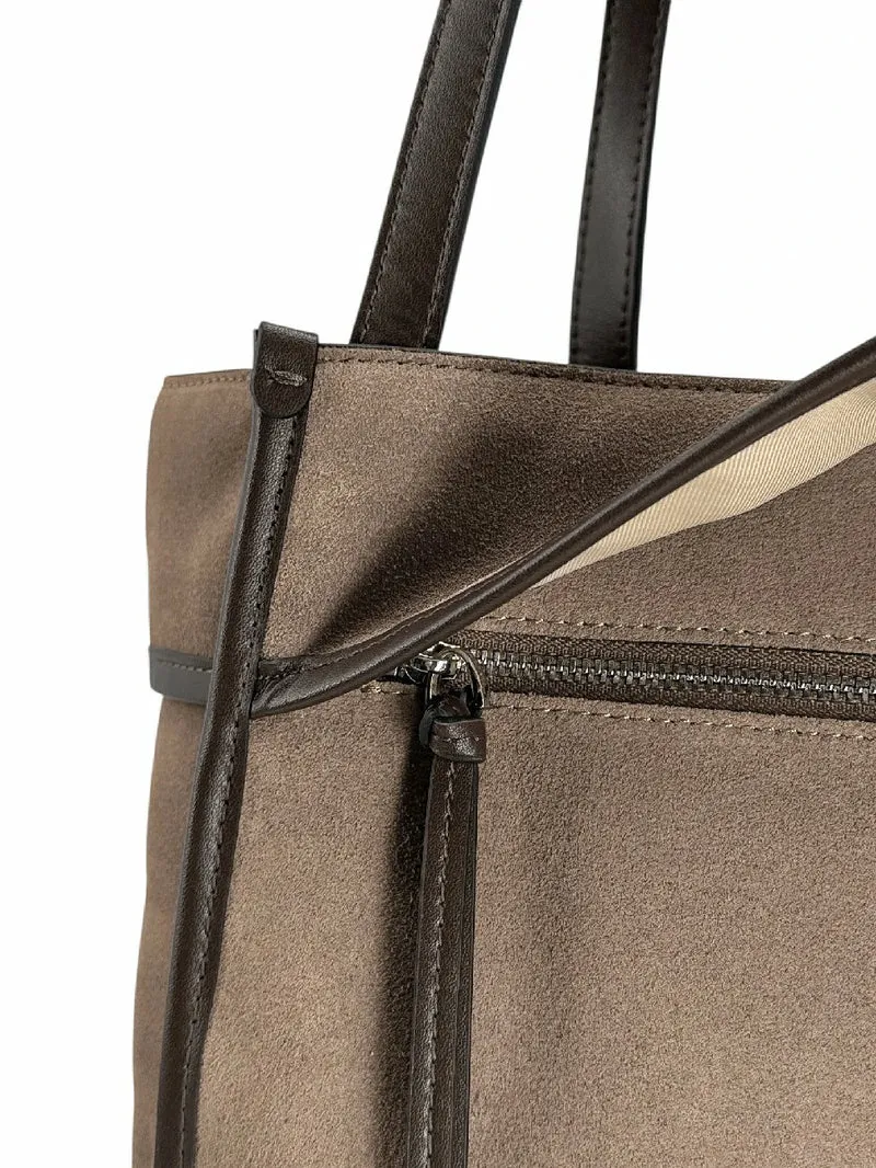Grand sac cabas en daim et cuir lisse PURDAY Taupe foncé