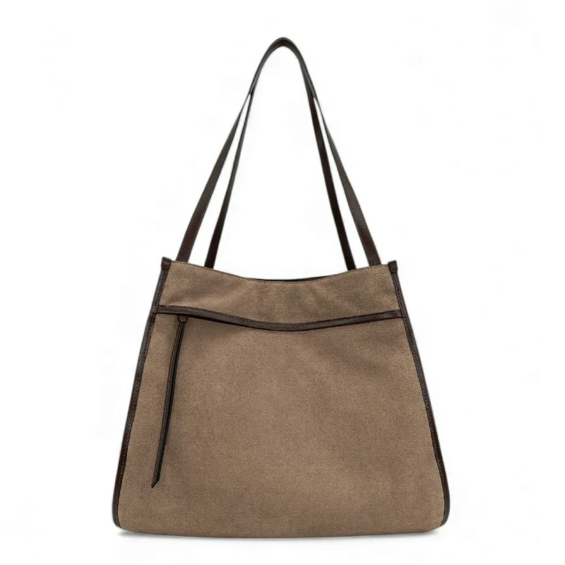 Grand sac cabas en daim et cuir lisse PURDAY Taupe foncé