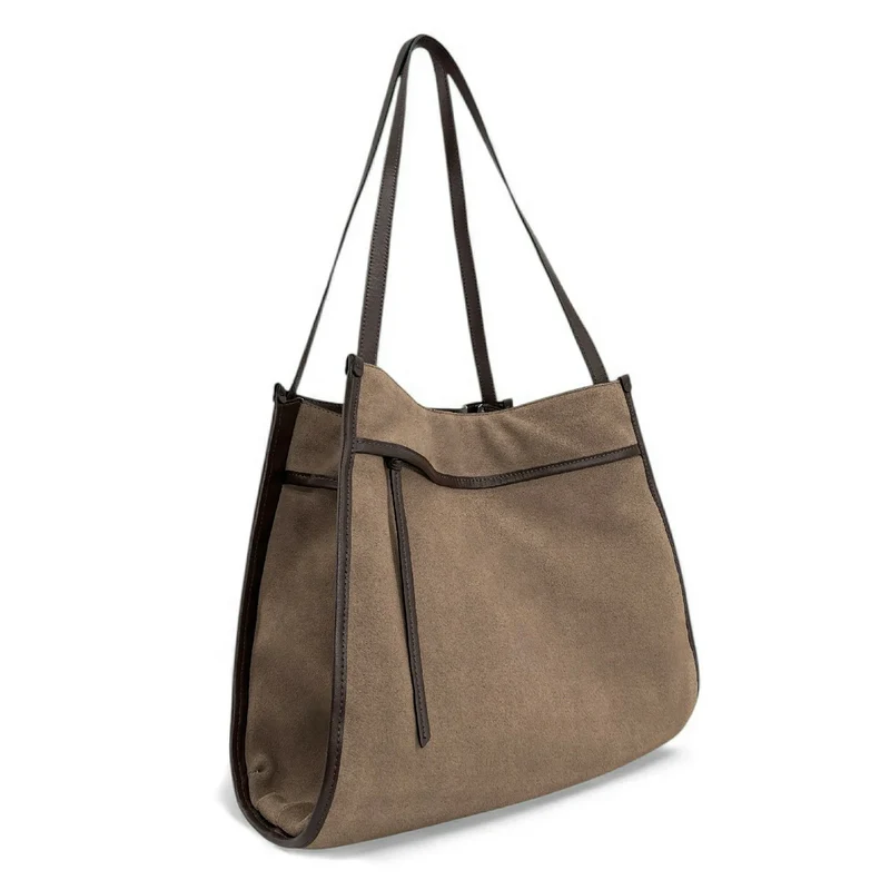 Grand sac cabas en daim et cuir lisse PURDAY Taupe foncé