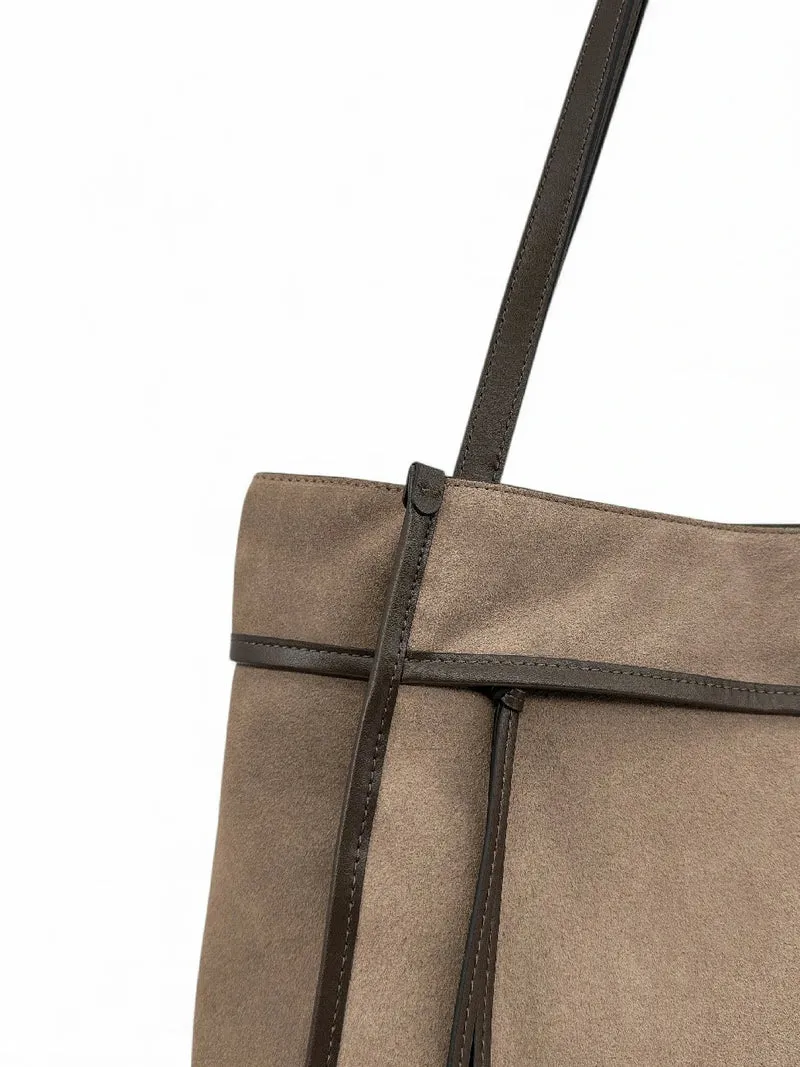 Grand sac cabas en daim et cuir lisse PURDAY Taupe foncé