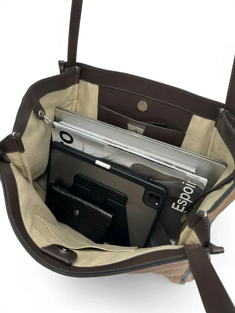 Grand sac cabas en daim et cuir lisse PURDAY Taupe foncé