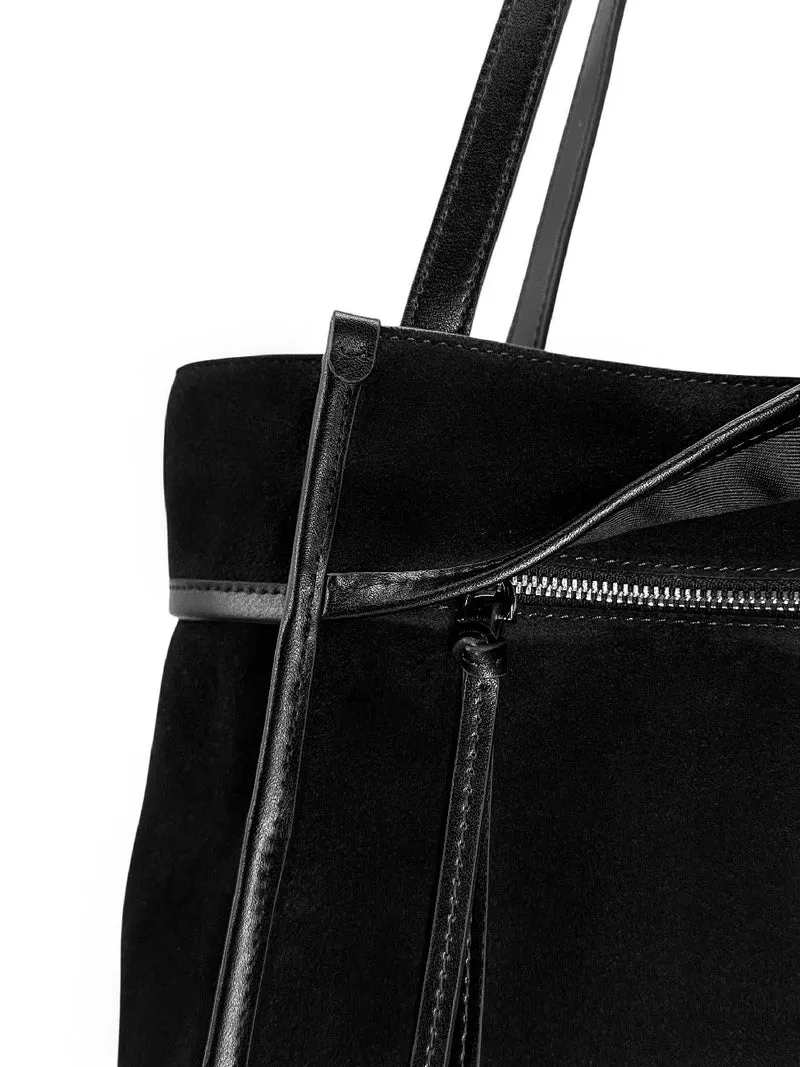 Grand sac cabas en daim et cuir lisse PURDAY Noir