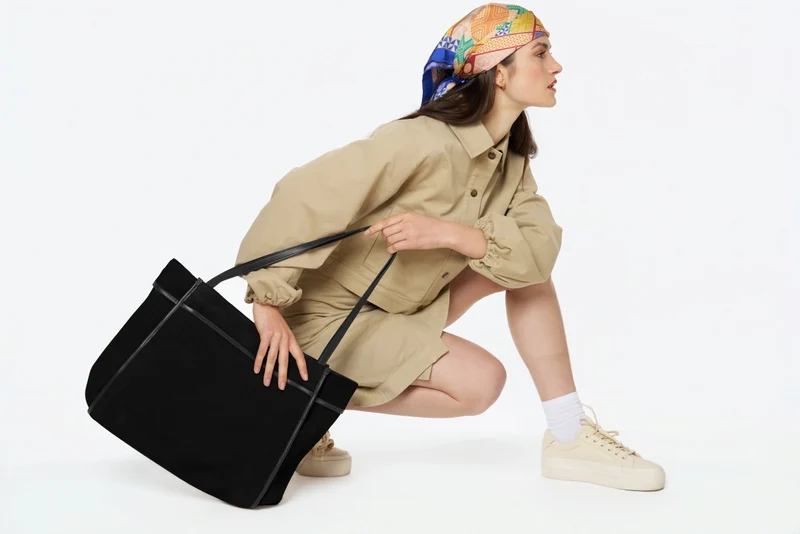 Grand sac cabas en daim et cuir lisse PURDAY Noir