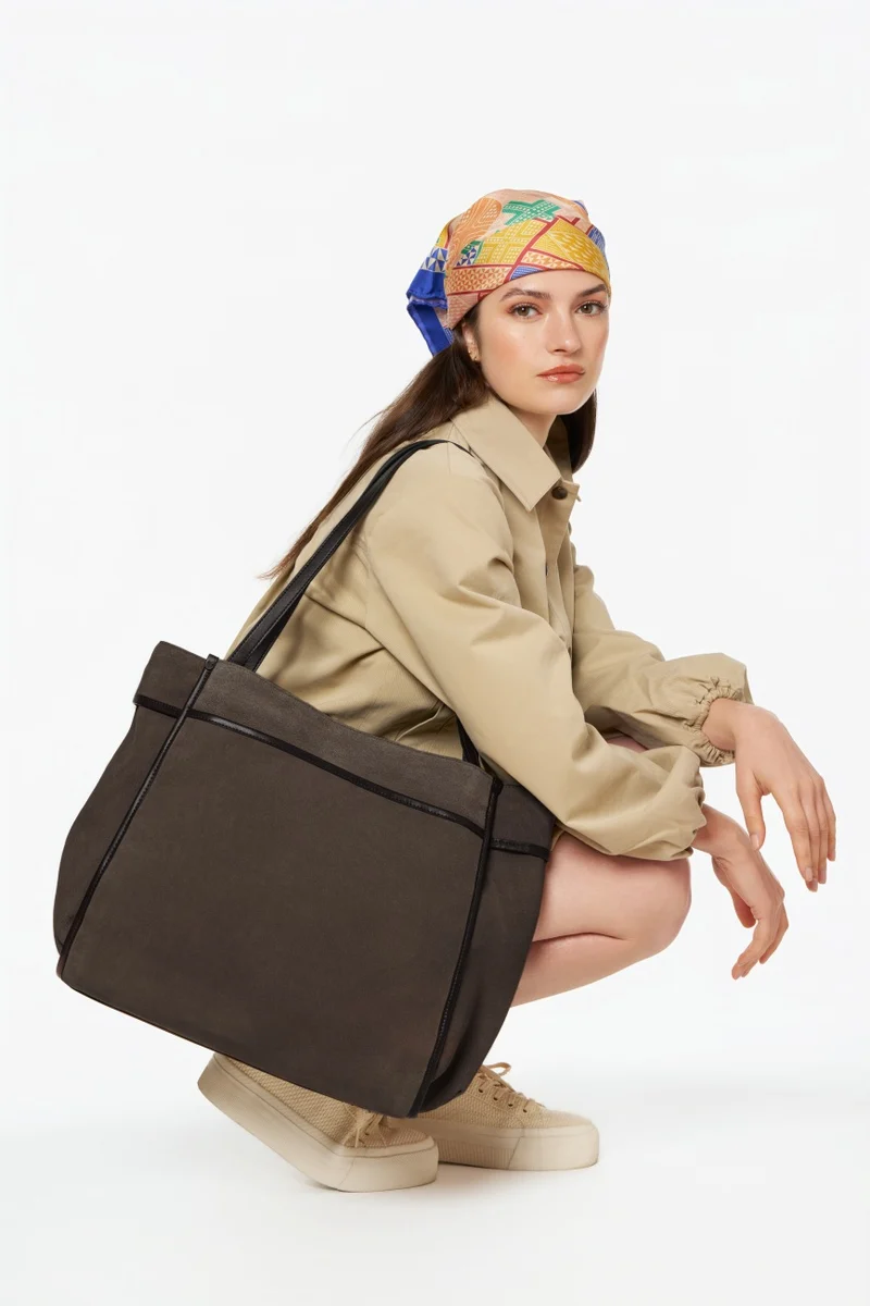 Grand sac cabas en daim et cuir lisse PURDAY Marron Chocolat