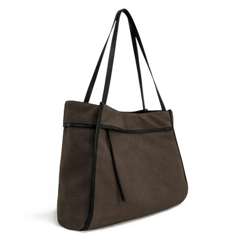 Grand sac cabas en daim et cuir lisse PURDAY Marron Chocolat
